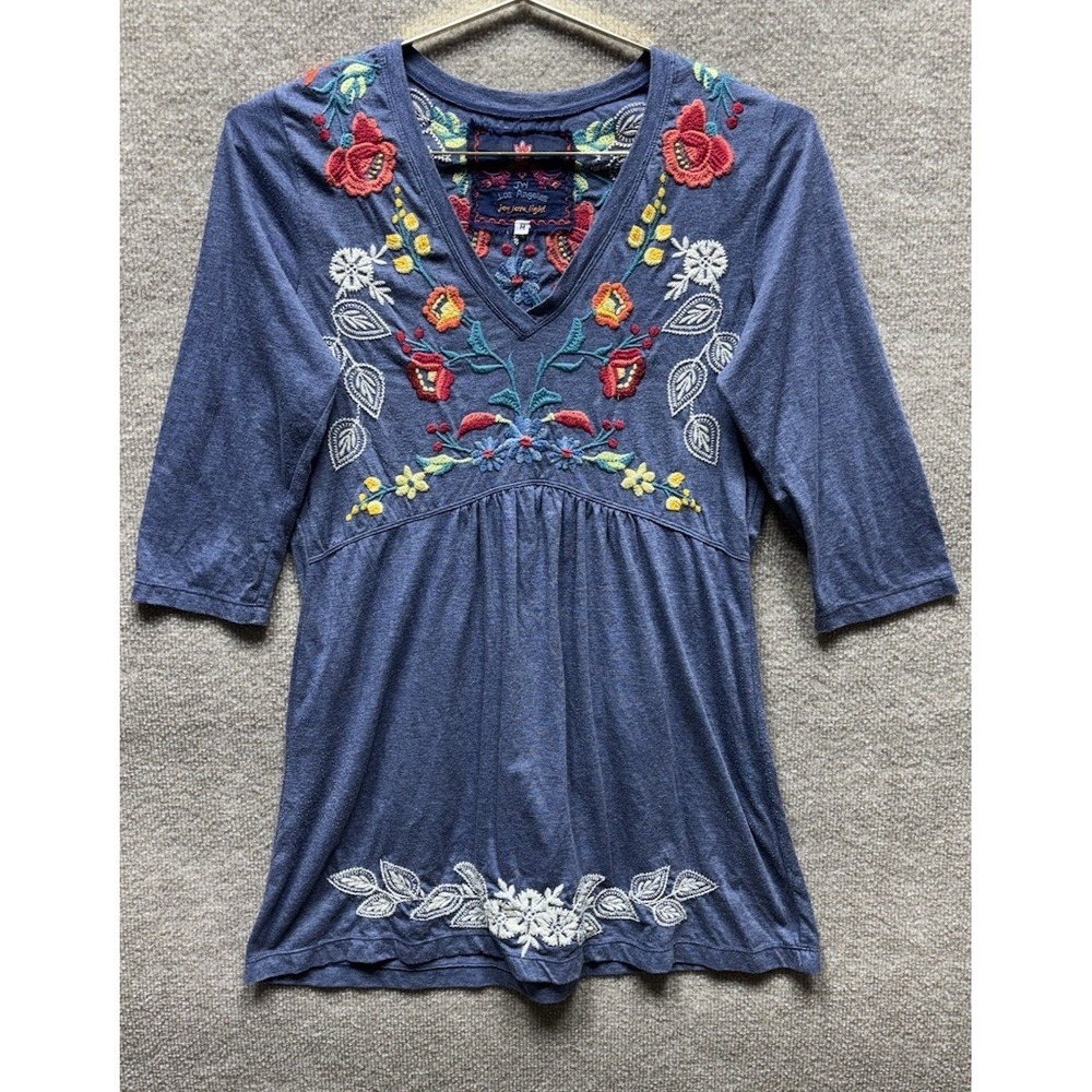 Johnny Was Mini Shirt Dress Long Sleeve Embroidered V Neck Blue Medium EUC